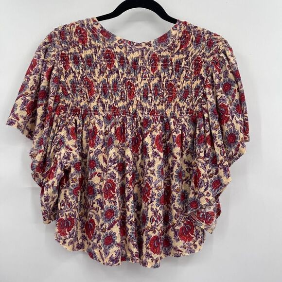 Free People Peach Combo Elastic Floral Ruffled-Up Cropped Silhouette Top Small - Picture 6 of 6